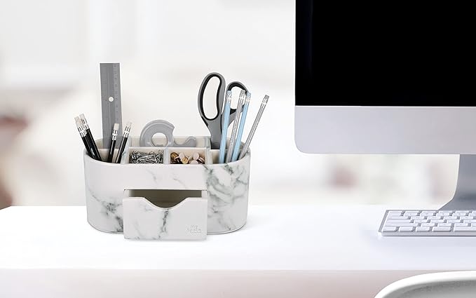 My Space Organizers Marble Desk Organizer For Office Supplies Desk Accessories - Pencil Pen Holder Decor - Home School College Organization Desktop Caddy - Faux Leather