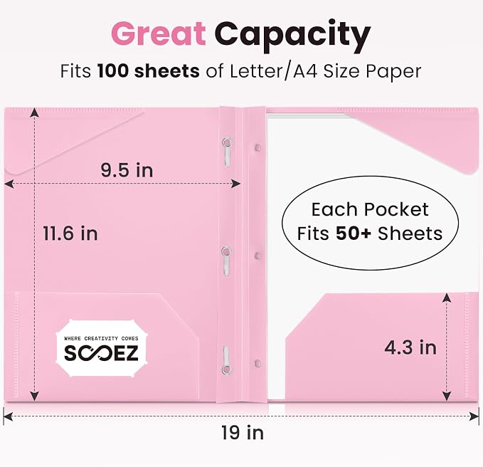 Sooez Plastic Folders with Pockets, 2-Pocket Folders with Prongs Fit Letter Size Paper, 1 Pack Heavy Duty 3 Prong File Folders for Documents, Colored File Folder Back to School Supplies for Kids