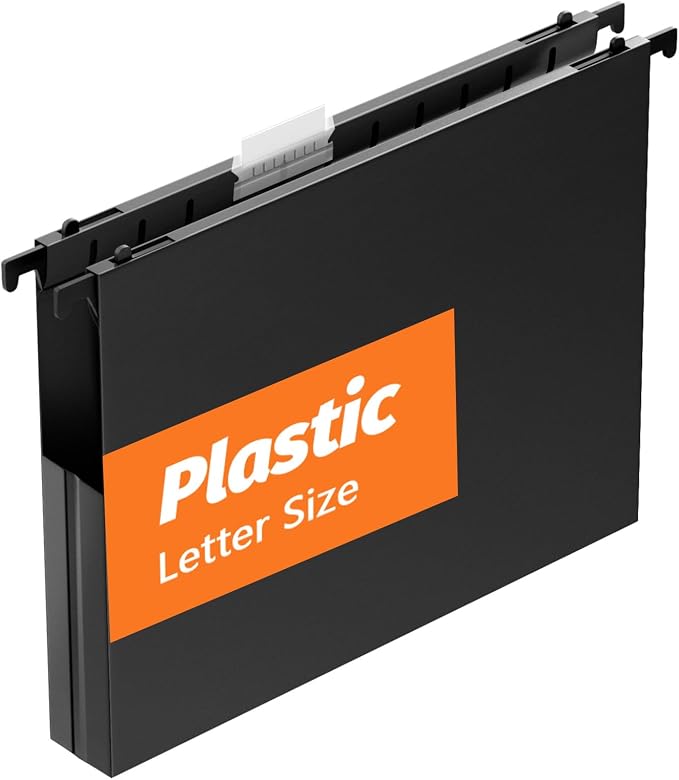 SHUTEX Extra Capacity Plastic Hanging File Folders,12 Pack Reinforced Hang Folder,Heavy Duty 1 Inch Expansion,Filing Cabinet Folders Letter Size for Bulk Files/Medical Charts (Sides Sealed, Black)