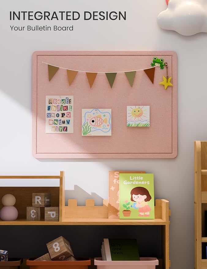 Fluxynara Bulletin Board, 23.6" x 17.5" Cork Board Alternative with 12 Safe Removable Adhesive Tabs, Foldable Felt Pin Board for Home Office, Classroom, Bedroom,Entryway for Walls—Pink
