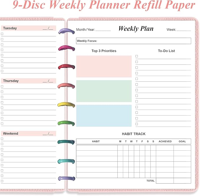 (2-Pack) 9 Disc Weekly Planner Undated Refills - Classic Size 106 Sheets/212 Pages Colorful Weekly Planner for Happy Planners Insert, 100 gsm White Paper, Lasts 2 Year, Undated, 7" x 9.25"
