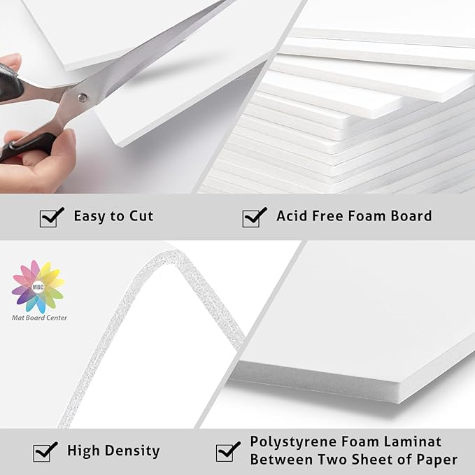 Mat Board Center, Pack of 10 8x10 Foam Board, 1/8" Thick, Lightweight White Foam Core Boards for Photo Mounting, Display and Craft