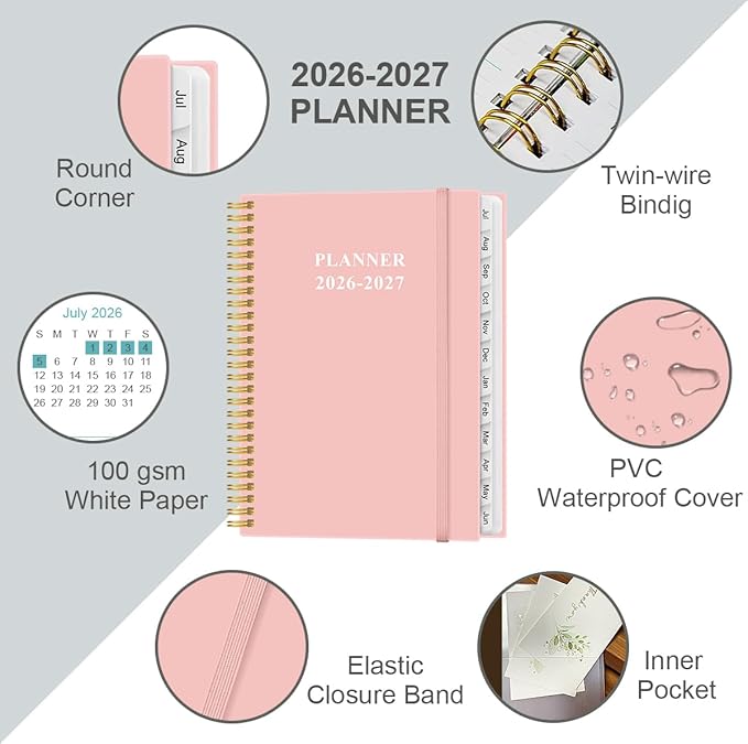 2026-2027 Planner - 8.5" x 11" Weekly Monthly Planner from July 2026 to June 2027 with 12 Monthly Tabs, Inner Pocket, Elastic Closure, Pink