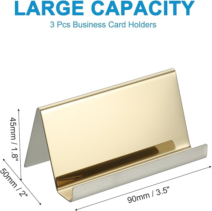 PATIKIL Business Card Holder for Desk, 3Pcs Business Card Holders Stainless Steel Card Stand Organizer Cards Display for Office Exhibition, Gold Tone