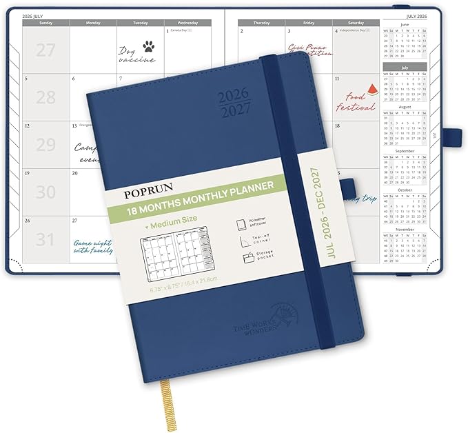 POPRUN Monthly Planner 2026-2027 (Medium- 6.5'' x 8.5'' Soft Cover), 18-Month Calendar Book (Jul.2026-Dec.2027), Calendar Planner with Monthly Tabs & Pocket, 100 GSM Paper - Navy Blue