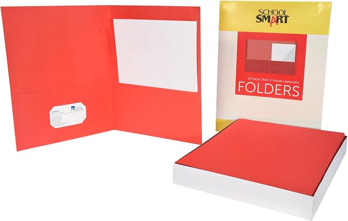School Smart Extra-Large Folders with Pockets, 9 x 12 Inches, Red, Pack of 25