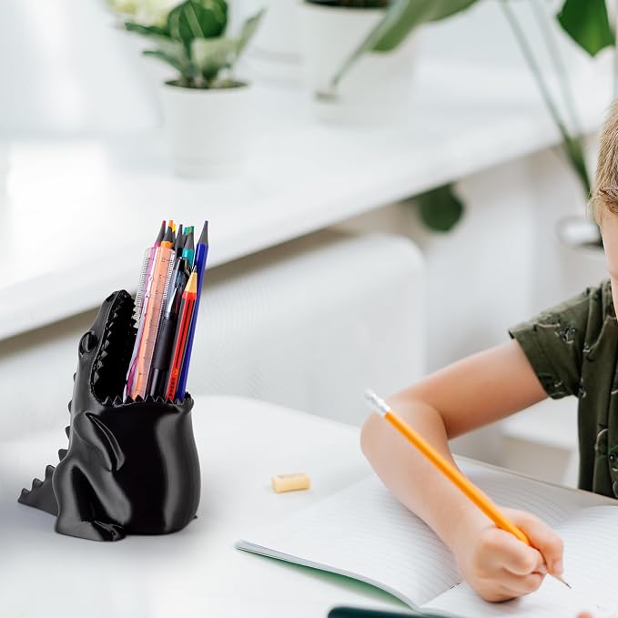 Cute Dinosaur Pen Holder, Dinosaur Figurine Pencil Holder for Office Desk Decor, 3D Printed, Grey T-Rex Desktop Organizer, Funny Dinosaur Pen Holder Gifts for Boys