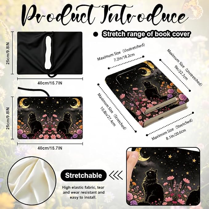 Cat & Flower Patern Stretchable Book Cover 15.7"x9.8", Elastic Washable Book Protector for Hardcover Textbooks Paperbacks, Reusable Polyester Book Sleeve for Women