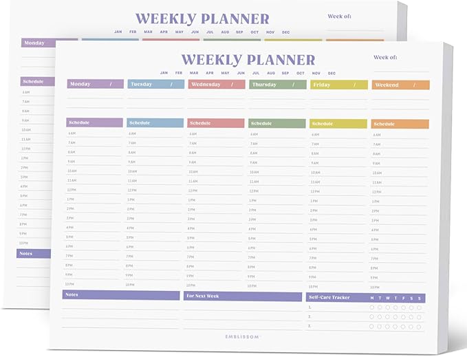 Weekly Planner Notepad, 8.5 x 11" Tear-Off Pad – 70 Undated Sheets, Daily Schedule Deck Organizer with Priorities, To Do List & Checklist for School, Work, Home (White, Colorful, 2 Pack)