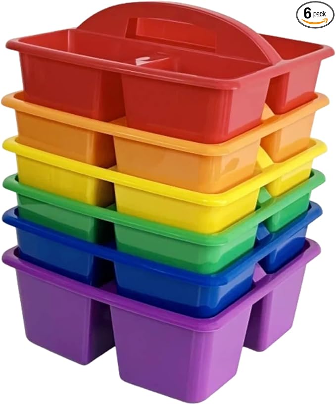 RAUVOLFIA Set of 6 Classroom Caddy, Small Plastic Storage Caddy with Handle for Classrooms, Kids Room and Office Organization, 3 Compartment (Rainbow)