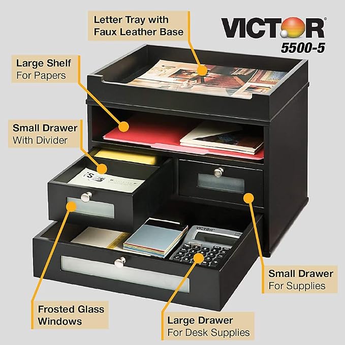 Victor Wood Midnight Black Collection, Tidy Tower Desktop Organizer, Black, (5500-5)