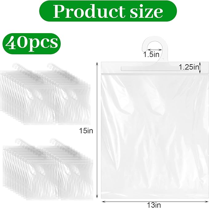 40 Pack Hanging Storage Bags, Large Hook Clear Plastic Bags for Classroom, Library, and Pharmacy Use (13 x 15 Inch)