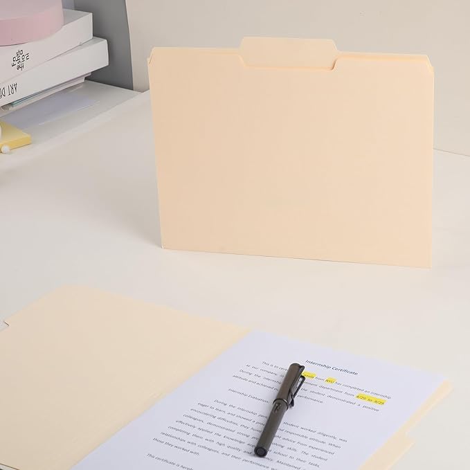 Manila File Folder, 1/3-Cut Tab, Letter Size, Manila Folders with Tab, 100 per Box