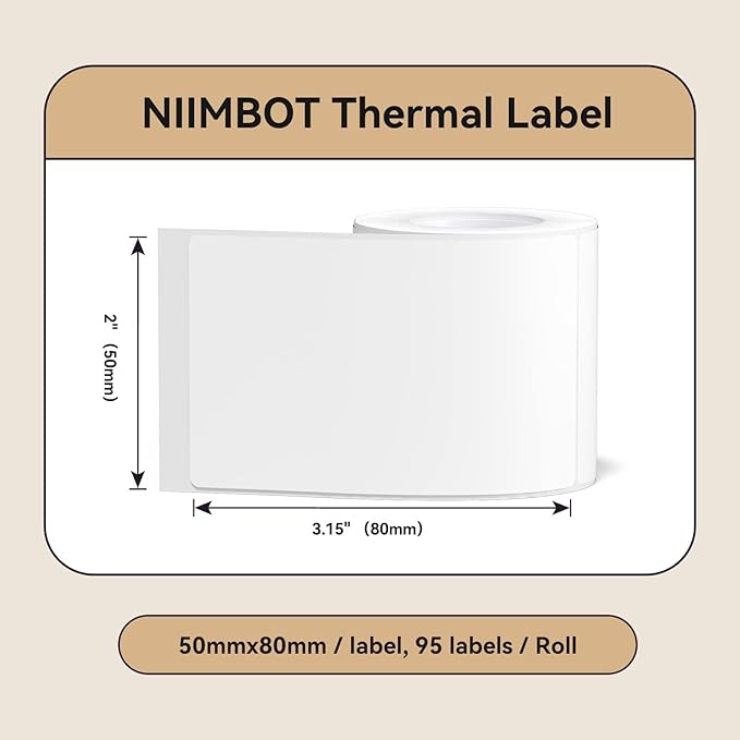 NIIMBOT Labels for B1/B2/B21/B3S/K3 Label Printer, Thermal Stickers 2'' x 3.15''(50x80mm), Waterproof, Oil-Proof Label Tape, 1 Roll of 95 White Sticker Labels
