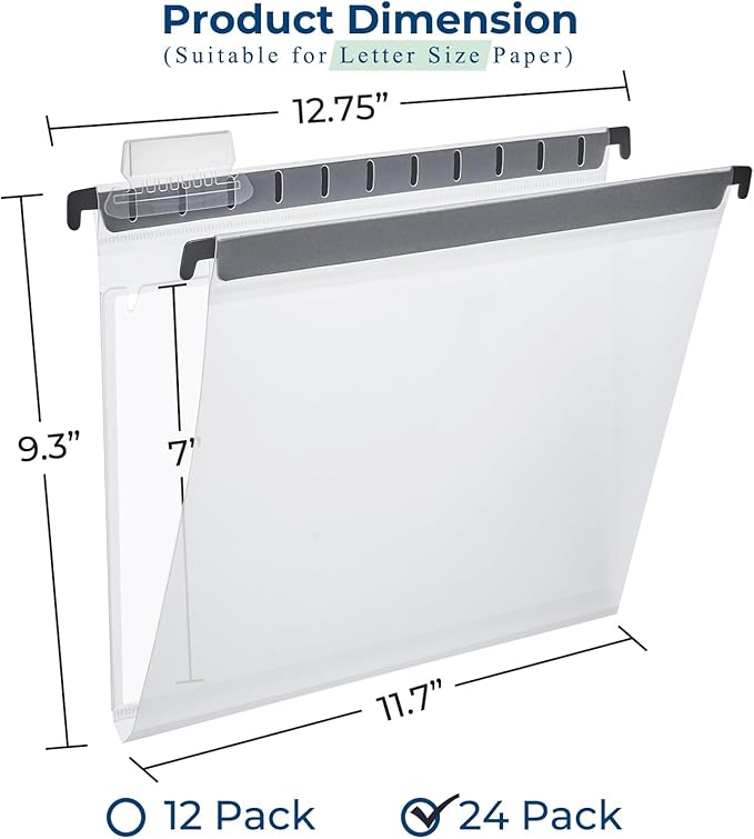 Y YOMA Plastic Hanging File Folders with Pocket, Letter Size, 1” Expansion 24 Pack Clear Reinforced Hanging Folders with Tabs, Waterproof for Filing Cabinet Bulky Files Home Office