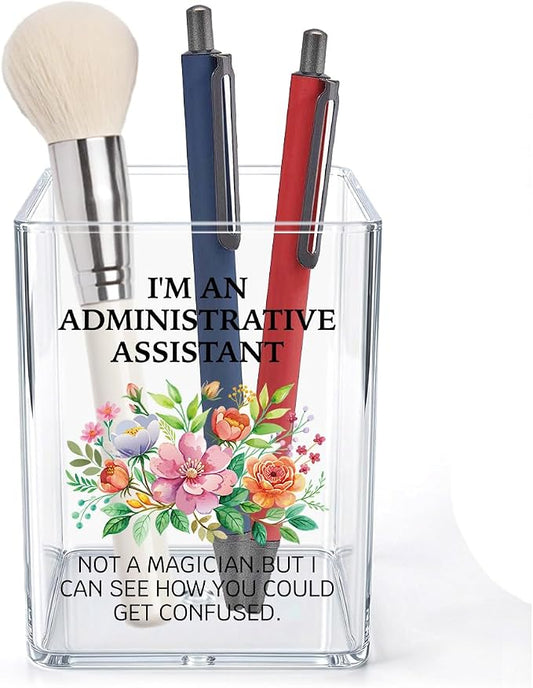 Cute Floral Administrative Assistant Acrylic Cosmetic Pencil Pen Holder Cup Administrative Assistant Day Gifts Decor for Home Office Desk Vanity Organizers and Accessories