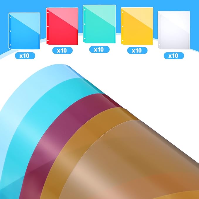 50 Pack Binder Pockets 3 Hole Punch Clear Plastic Document Folders Binder Organizer Store Letter Size 9.25 x 11.25 Inch Paper Plastic Folders with Pockets Slash File Jacket for Office (5 Colors)