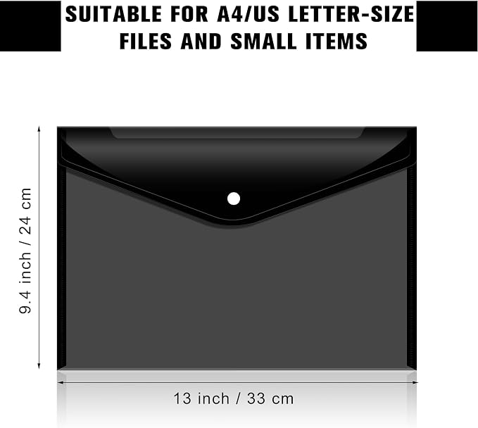 24pcs Plastic Filing Envelopes with Snap Button Closure ，Clear Document Folders for Letter A4 Size Files ，Poly Folders，for School and Office Supplies（Black）