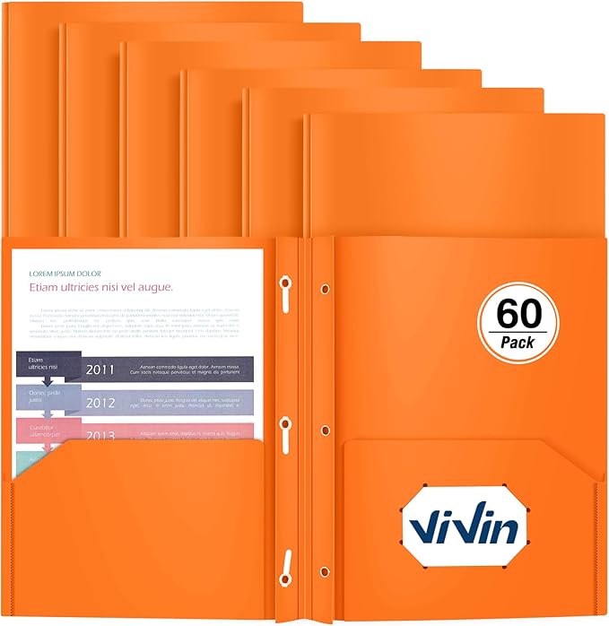 Heavy Duty Plastic Folder, 60 Pack, Pocket Folder with brads, Letter Size Poly File, Plastic Folders with 3 Prongs Fasteners - Orange