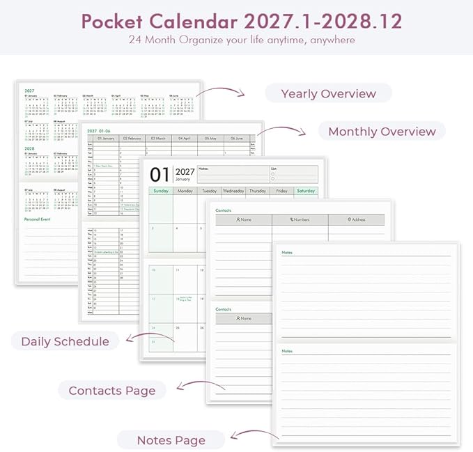 Pocket Calendar 2027-2028 for Purse, Small Pocket Planner 2027-2028 for Purse 3.5×6.5In,24 Month Organizer from Jan 2027- December 2028 Mini Planner with Pvc Cover for Organizing & Planning