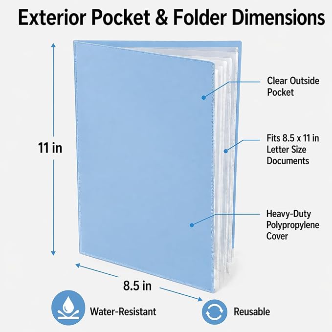 Ultra PRO - 50 Pack Light Blue Heavy Duty 2-Pocket Folders with 6 Clear Internal Pages, Waterproof Poly Project Organizer for School and Office, Fits 8.5 x 11 Letter Size, Customizable Clear Covers