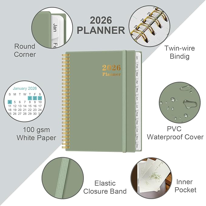 Planner 2026 For Women & Men - Monthly and Weekly Calendar Planner from January 2026 - December 2026, Student Planning with 12 Tabs for Office School Supplies, Inner Pocket, 8.5" x 11", Green