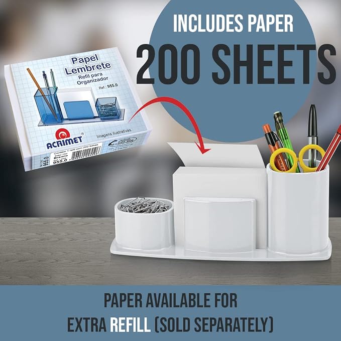 Acrimet Millennium Desk Organizer Cup Caddy – Plastic Desktop Holder for Pen, Pencil, Clips, Desk Accessories & Memo Paper – Includes 200 Sheets of Memo Paper (White Color)