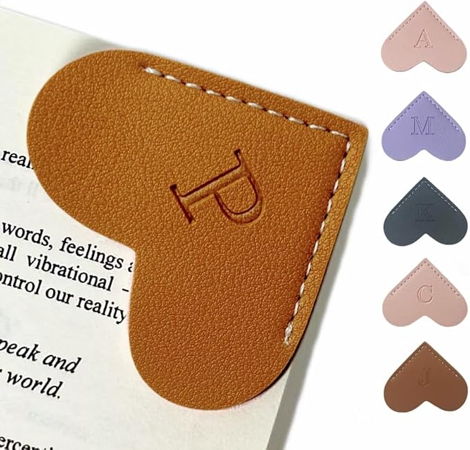 Personalized Leather Book Marks, Heart Bookmark, Unique Cute Handmade Letter Bookmarks Accessories for Reading Women, Teacher, Student, Book Lovers Book Mark Gifts (Brown, P)