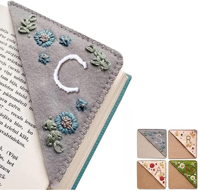 Personalized Hand Embroidered Corner Bookmark, 26 Letters Cute Flower Embroidered Corner Bookmark Embroidery Book Marker Clip for Book Lovers Bookmarks for Reading Lovers Meaningful GIF (Winter, C)