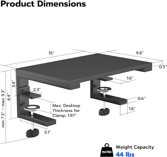 ARES WING Clamp-On Desk Extender & Monitor Shelf – 15" x 9.8" Space Booster, Freestanding or Clamp Mount, Holds 44 lbs, No Drill Desktop Organizer for Office/Gaming, Black