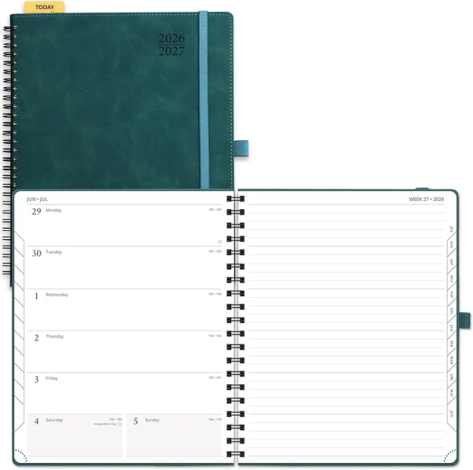 POPRUN Weekly Planner 2026-2027 (July 26-June 27), Large-8.5" x 10.5", Academic Agenda 2026-2027 Calendar Notebook Planner for School, College, Spiral Leather Softcover, 100GSM - Petrol Green