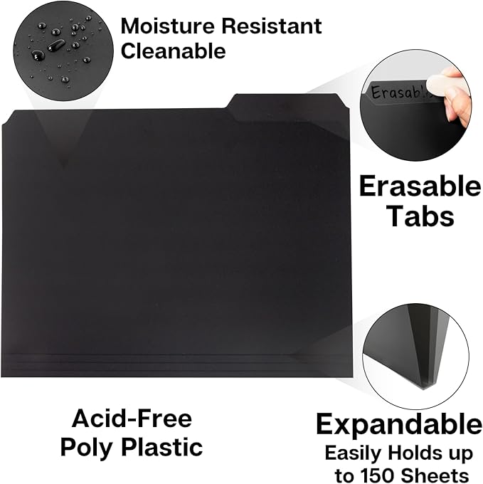 Dunwell Plastic Black 3-Tab Folders, (12 Pack), Sturdy 1/3 Tab File Folders for 8.5x11 Documents, Plastic Manila Filing Sleeves, Acid-Free Poly, Includes Labels