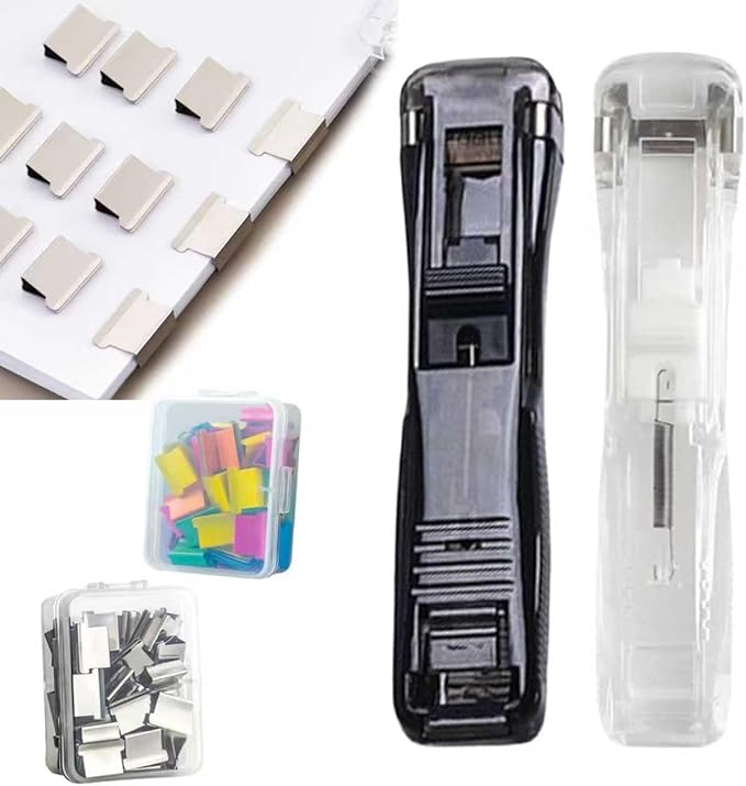 Portable Binder Clip Stapler - Includes 50 Reusable Clips Desktop Push Stapler Binder Clip Paper Clamps Handheld Reusable Push Paper Dispenser for Document School Office (2PCS G)