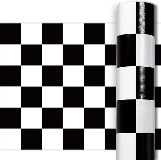 Black Checkered Bulletin Board Roll Reusable Waterproof Erasable Black White Retro Bulletin Board Roll Checkered Flag Non-Woven Fabric Background Poster for Classroom Decor Wrapping Craft 15.7" x 20ft