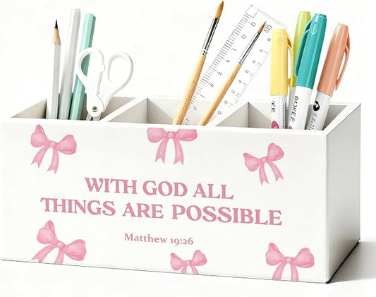 Coquette Pink Bow Christian Pen Pencil Holder for Desk, Christian Gifts for Women, With God All Things Are Possible Wooden Box Sign Decorations for Girly Room Bedroom Dorm Office Desk Tabletop