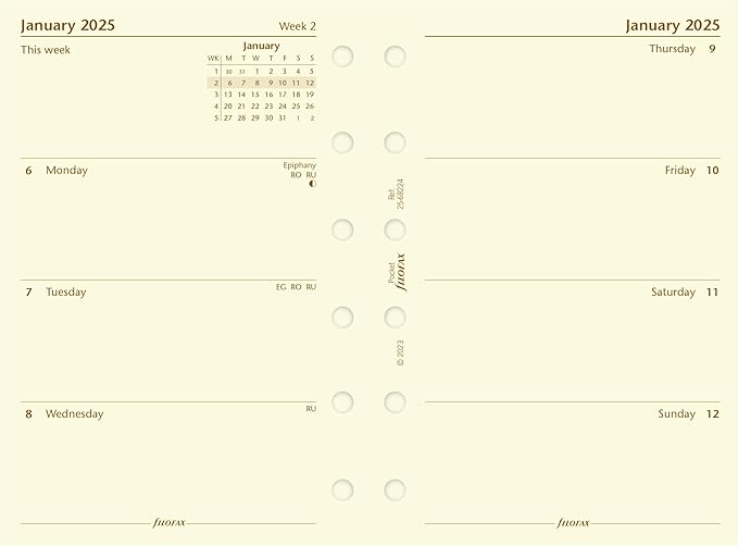 Filofax Calendar Diary Refill, Pocket Size, Week-to-View, Cotton Cream Paper, Unruled, English, 2025 (C68224-25)