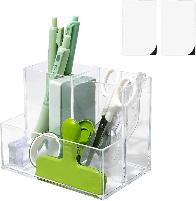Small Acrylic Desk Organizer, Clear Acrylic Pencil Pen Holder, 3 Slots Desk Accessories Desktop Desk Tidy Caddy Makeup Brush sorter Holder for Office Vanity Countertop Bathroom Bedroom