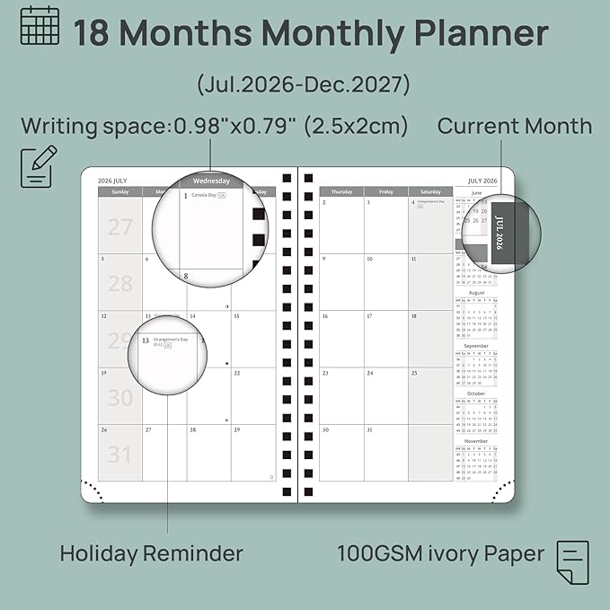 POPRUN 2026-2027 Monthly Planner, Small 4" x 6.25", 18 Month Calendar Agenda (July 2026 - December 2027) with Expense Tracker, Notes Pages, Sprial Bound, Leather Softcover - Petrol Green