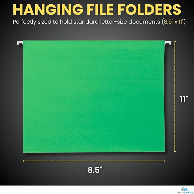 1InTheOffice Green Hanging File Folders, Letter Size Adjustable Tabs, 1/5 Tabs, 11 pt, 25 Pack