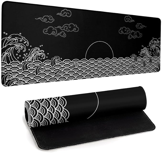 Japanese Sea Wave Gaming Mouse Pad Black Large Anime Mousepad Extended Mouse Mat 31.5''x11.8'' 3mm Thick Non-Slip Rubber Base Big Desk Pad for Office