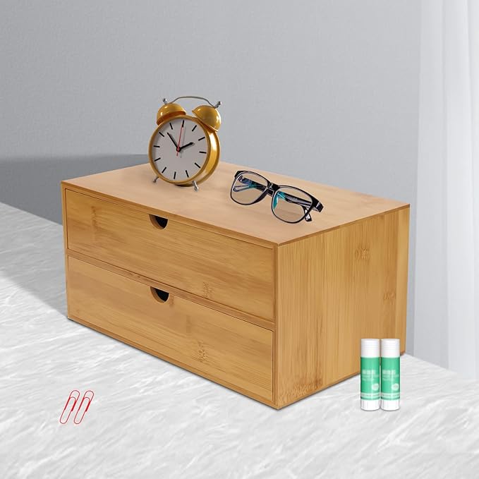 Bamboo Desk Organizer, Drawer Tabletop Storage Organization Box for Office Home Toiletries Supplies, No Assembly Required (2 Drawer)