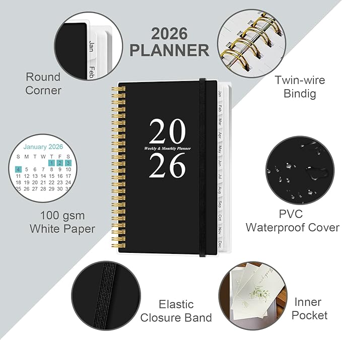 2026 Pocket Planner/Calendar - 2026 Planner from January 2026 - December 2026, Planner 2026 with 12 Tabs, Twin-Wire Binding, Inner Pocket, 3.75" x 6.75, Black