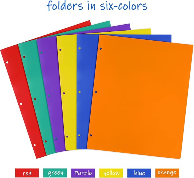 Feosky Folders with Pockets, 6 Assorted Colors Plastic Two Pocket Folders, File Folder, 2 Pockets Folder and 3 Hole for School, Home, and Office