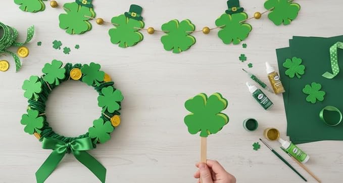 SHAPES ETC. 15 Pcs Green Assorted Four Leaf Clover Foam Cut-Outs 5.5in, Foam Shapes, St. Patrick's Day, Bulletin Board Decorations, DIY Crafts, Irish Spirit, Wall Cutouts, Made in USA