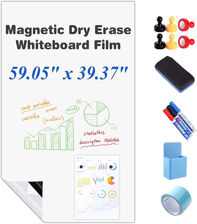 Self-Adhesive Dry Erase Whiteboard Sticker, 59.05" x 39.37" Magnetic Receptive White Board Wall Film, No Ghosting, Easy Write & Clean | Peel & Stick for Office, Home & Classroom,Incl. Accessories