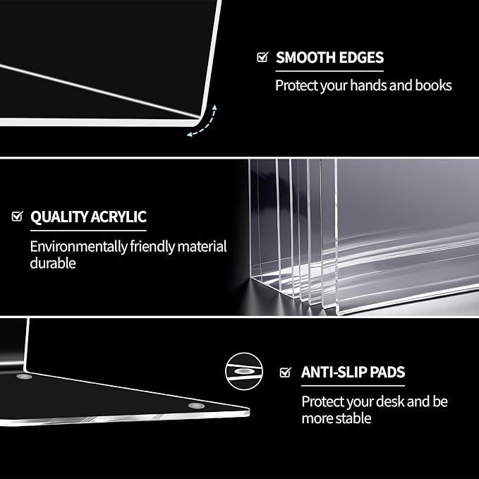 Adwikoso Book Ends for Shelves Clear Acrylic Bookends for Heavy Books Organizer Book Stopper to Hold Books for Home Office School and Desktop Decoration(Circular Arc) (6)