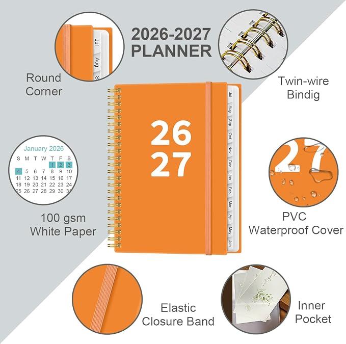 2026-2027 Planner - Planner 2026-2027 from July 2026 - June 2027, Weekly & Monthly Planner Spiral Bound with 12 Monthly Tabs, Inner Pocket, 6.4" x 8.5", Orange-A