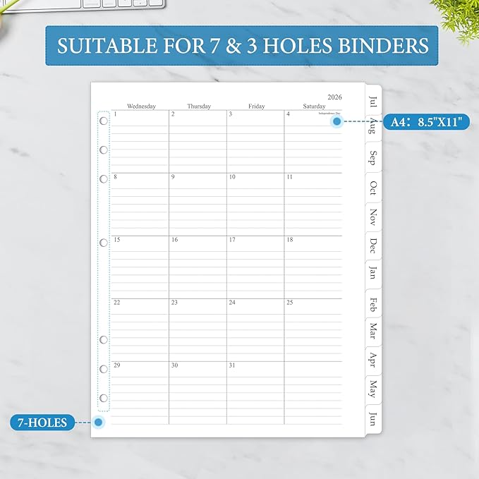 2026-2027 Monthly Planner Refill, A4 Letter Size Planner Inserts for 3 Ring, 8.5"x11", Jul. 2026 - Dec. 2027, 18 Monthly Calendars with Laminated Tabs, 7/3-Hole Punched