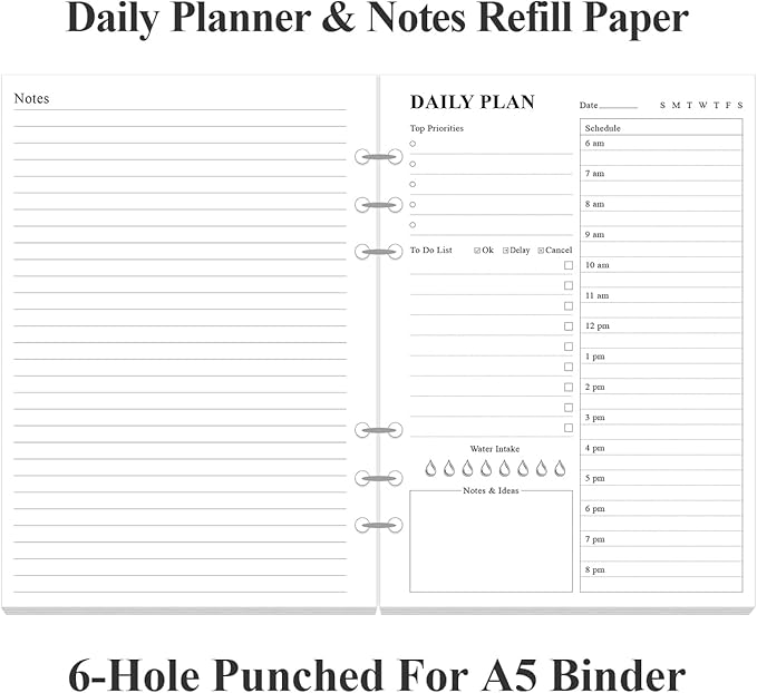 6-Hole Punched To Do List Insert - Undated Daily Planner Refill for A5 Binder,100 Sheets/200 Pages Planner and Lined Refill, 100 gsm White Paper, 5.8'' x 8.3''