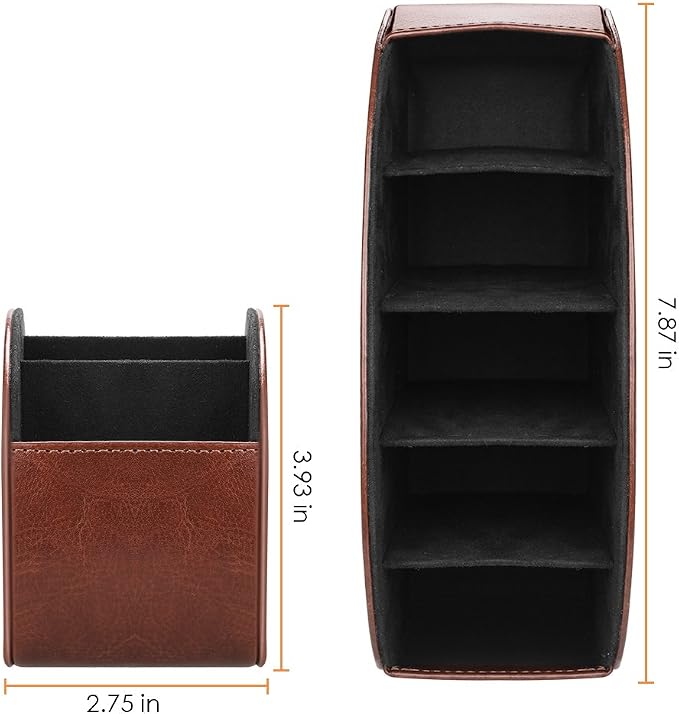 SITHON Remote Control Holder with 5 Compartments - PU Leather Remote Caddy Desktop Organizer Store TV, DVD, Blu-Ray, Media Player, Heater Controllers, Brown